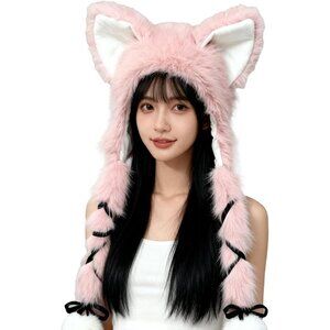 Women Pink Braided Warm Plush Animal Hood Halloween Cosplay Costume Headwear